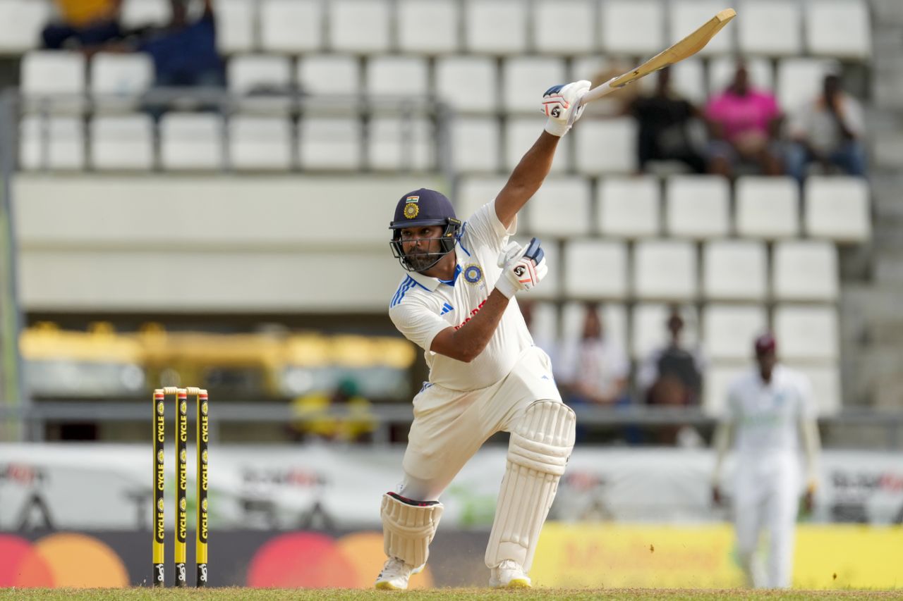 The bottom hand comes off for Rohit Sharma, West Indies vs India, 1st Test, Roseau, 1st day, July 12, 2023