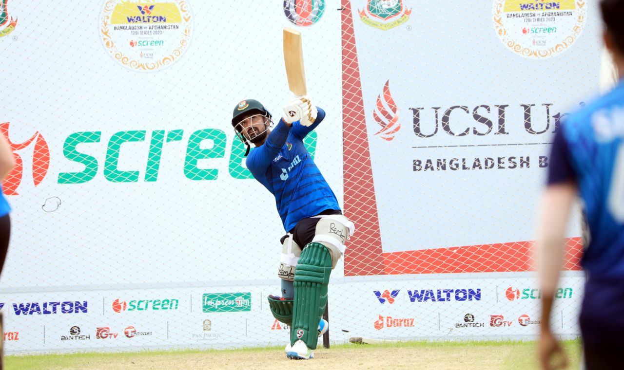 Litton Das plays a lofted drive in the nets, Bangladesh vs Afghanistan, Sylhet, July 13, 2023