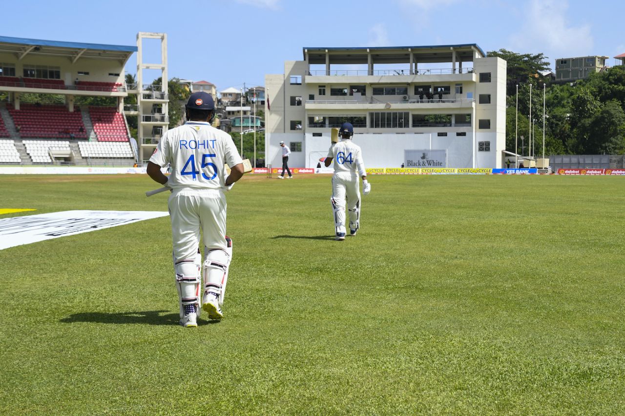 Rohit Sharma follows Yashasvi Jaiswal out to the middle, West Indies vs India, 1st Test, Roseau, 2nd day, July 13, 2023