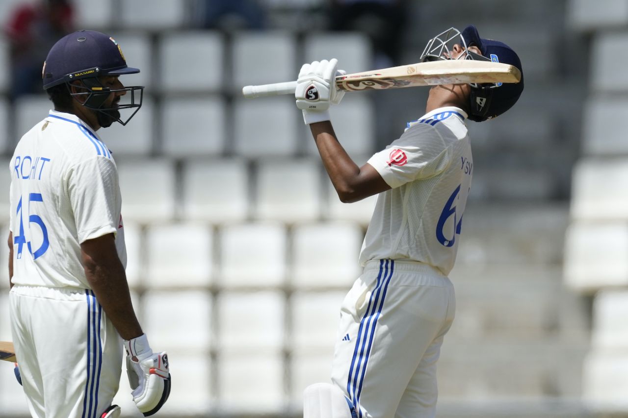 Yashasvi Jaiswal savours his maiden fifty with Rohit Sharma for company, West Indies vs India, 1st Test, Roseau, 2nd day, July 13, 2023