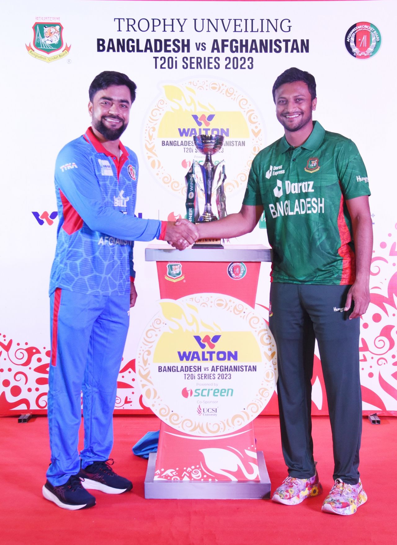 Rashid Khan and Shakib Al Hasan pose with the T20 trophy, Bangladesh vs Afghanistan, 1st T20I, Sylhet, July 13, 2023
