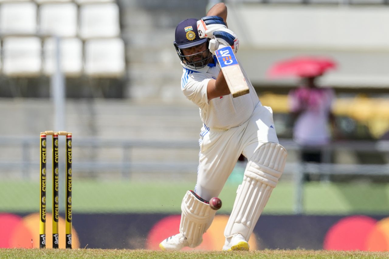 Rohit Sharma drives down the ground, West Indies vs India, 1st Test, Dominica, 2nd day, July 13, 2023