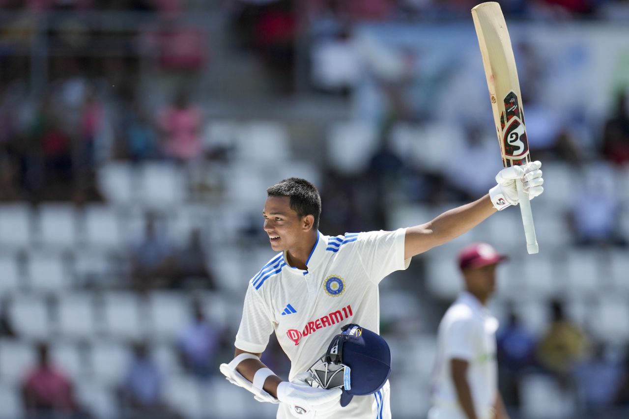 Yashasvi Jaiswal raises his bat after scoring a hundred on debut, West Indies vs India, 1st Test, Dominica, 2nd day, July 13, 2023