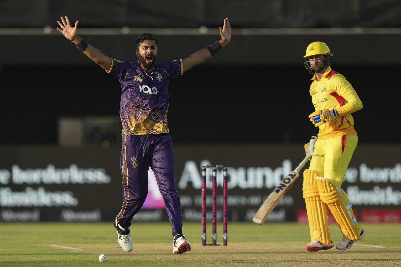 Ali Khan appeals for a wicket, Texas Super Kings vs LA Knight Riders, Major League Cricket, Grand Prairie, July 13, 2023