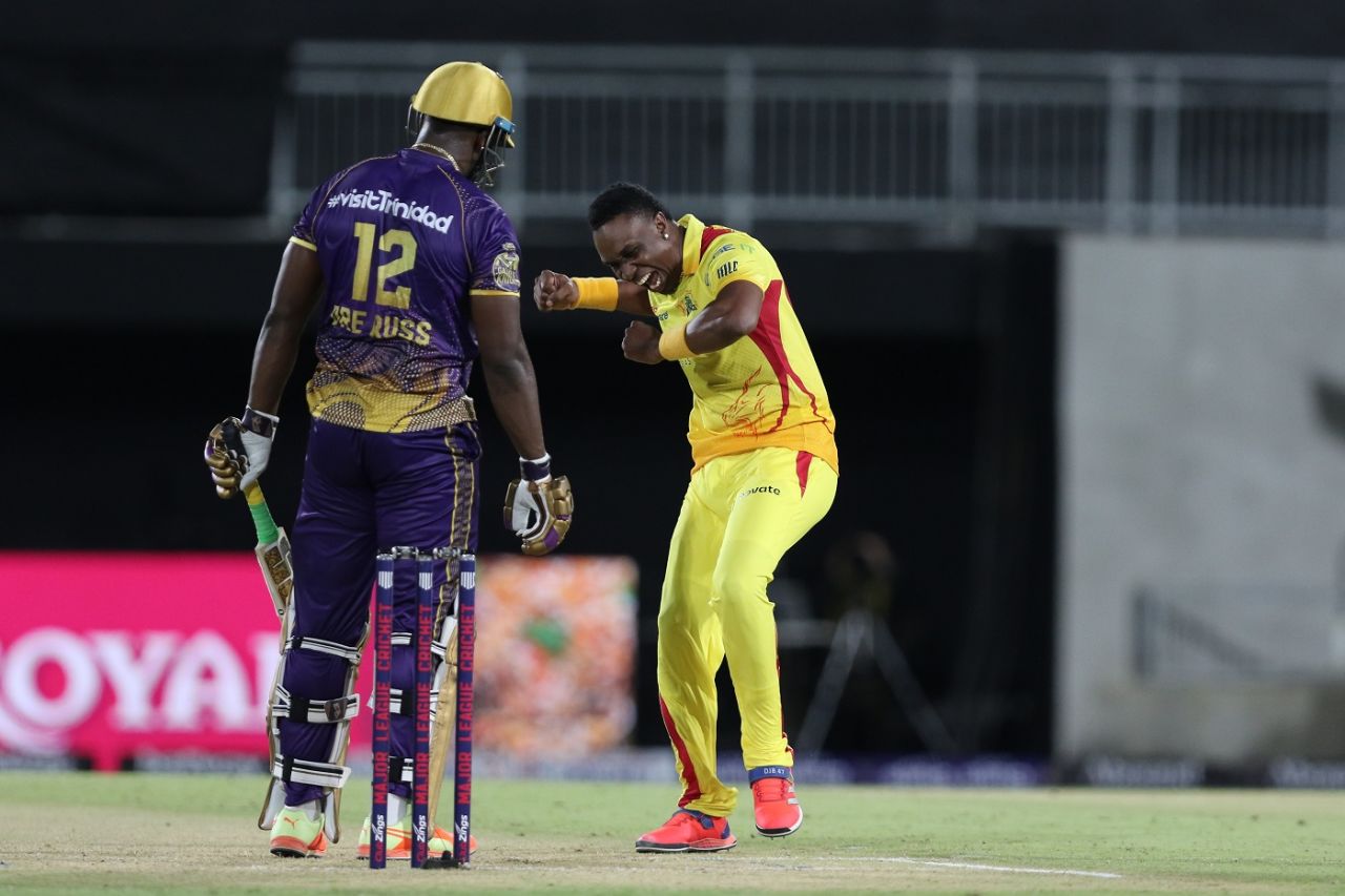 Dwayne Bravo celebrates after getting Andre Russell to nick off, Texas Super Kings vs LA Knight Riders, Major League Cricket, Grand Prairie, July 13, 2023