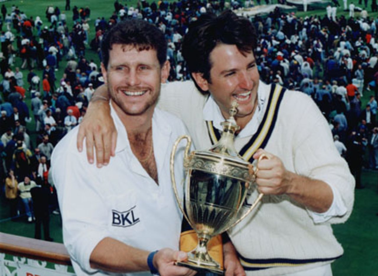 Robin Smith and captain Mark Nicholas hold the B&H Trophy at Lord's 1992.