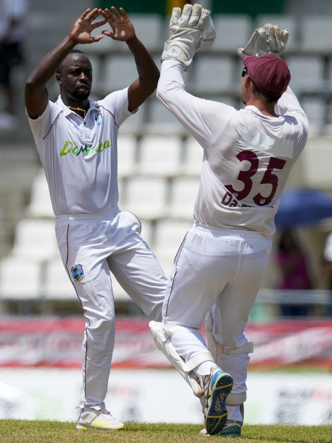 Kemar Roach celebrates a wicket, West Indies vs India, 1st Test, Dominica, 3rd day, July 14, 2023