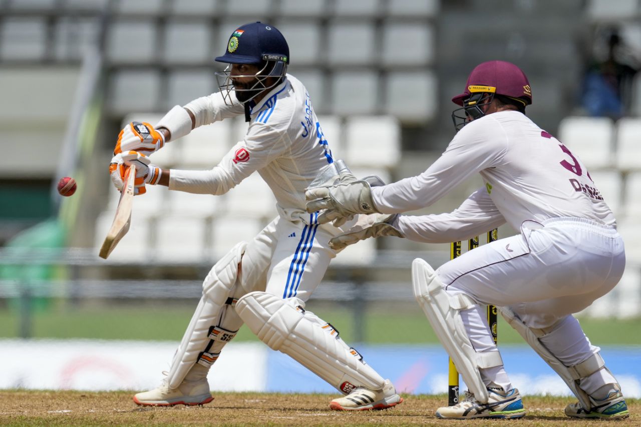 Ravindra Jadeja prepares to hit the ball, West Indies vs India, 1st Test, Dominica, 3rd day, July 14, 2023