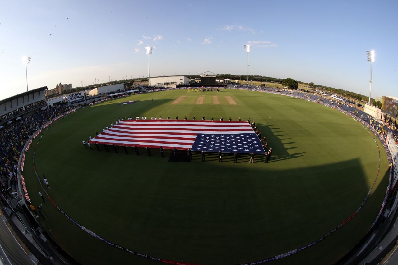 A giant American flag is unfurled ahead of the opening game of the MLC, Texas Super Kings vs LA Knight Riders, MLC,Texas, July 13, 2023