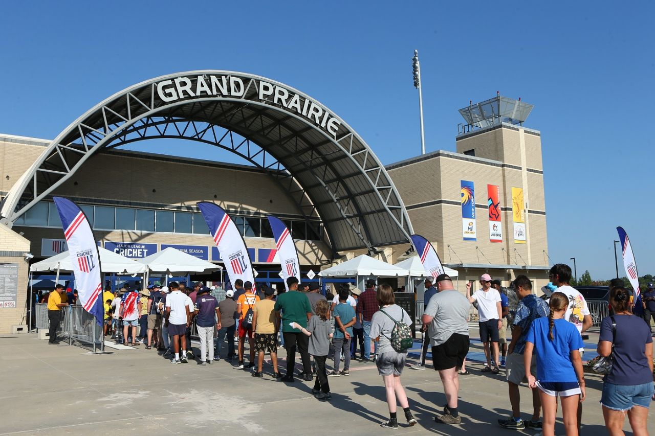 Fans line up to enter the Grand Prairie Stadium, Texas Super Kings vs LA Knight Riders, MLC,Texas, July 13, 2023