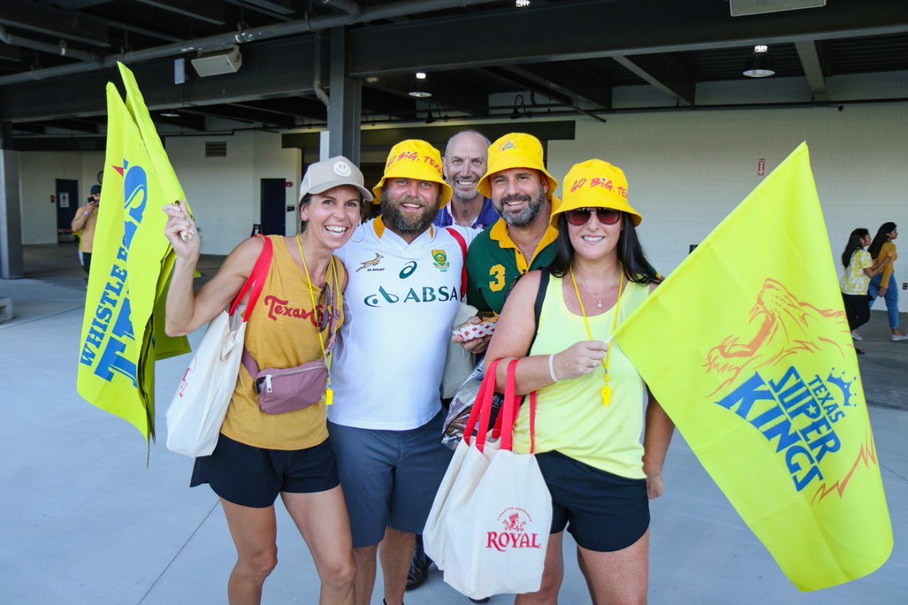 MLC Tournament Director Justin Geale (middle) mingles with some new fans in Texas, Texas Super Kings v LA Knight Riders, Major League Cricket, Grand Prairie, July 13, 2023