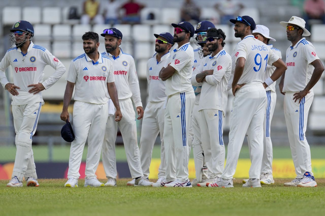 India look on as Raymon Reifer opts for the DRS, West Indies vs India, 1st Test, Dominica, 3rd day, July 14, 2023