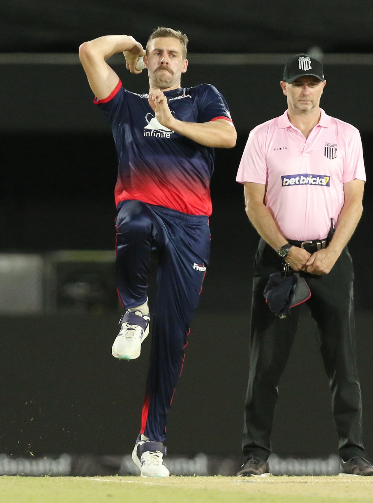 Anrich Nortje gets ready to bowl, Washington Freedom vs Seattle Orcas, MLC 2023, Grand Prairie, July 14, 2023