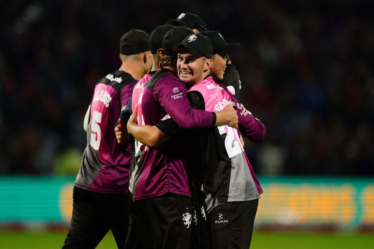 Somerset celebrate the moment of victory in the T20 Blast final, Essex vs Somerset, Vitality Blast final, Edgbaston, July 15, 2023