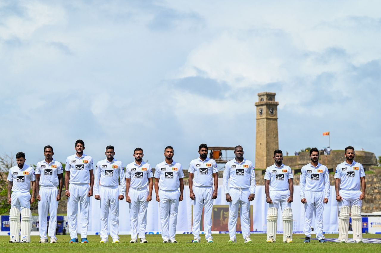 The Sri Lanka players line up for their national anthem, Sri Lanka vs Pakistan, 1st men's Test, Galle, 1st day, July 16, 2023