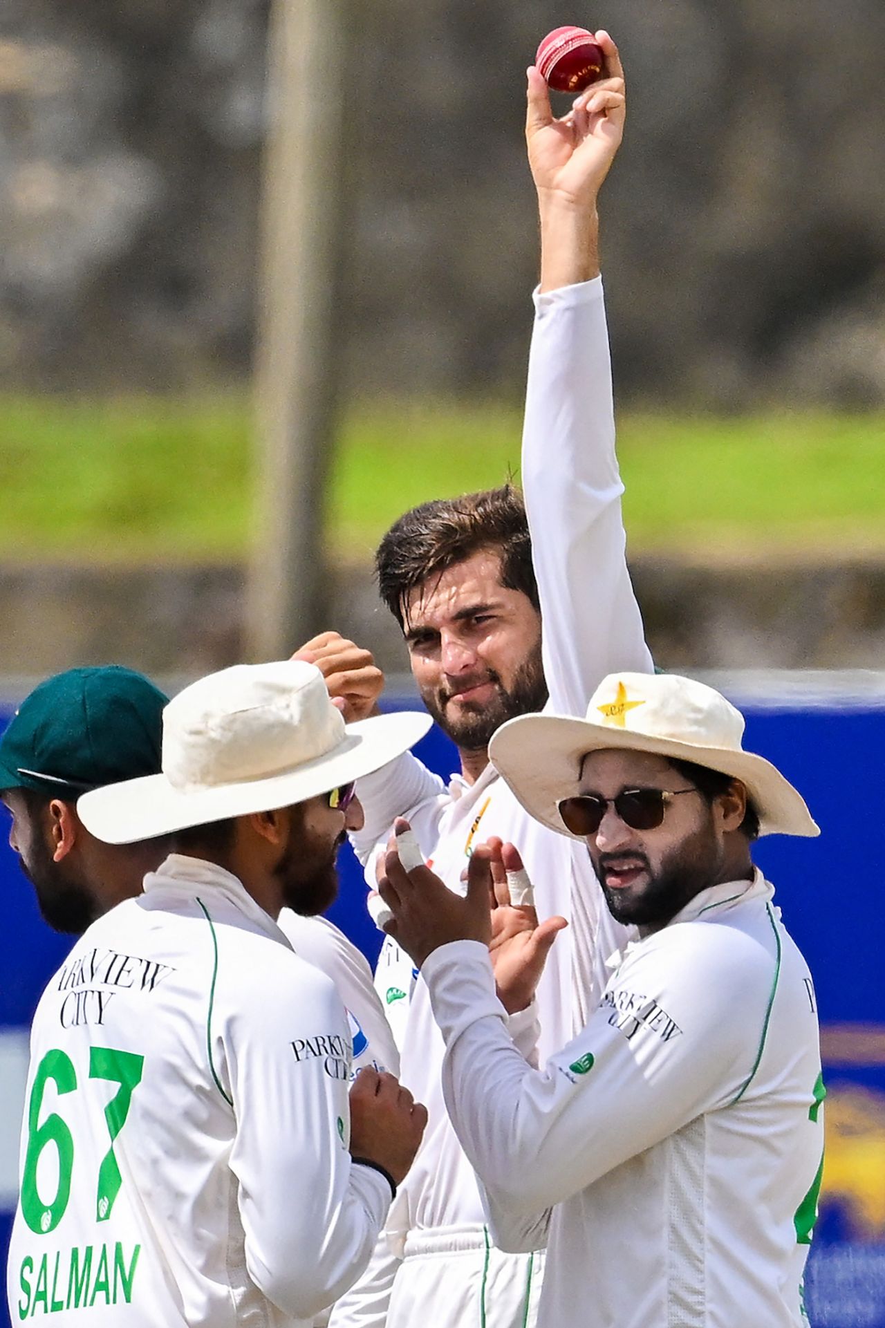 Shaheen Afridi celebrates his 100th Test wicket with his team-mates, Sri Lanka vs Pakistan, 1st men's Test, Galle, 1st day, July 16, 2023