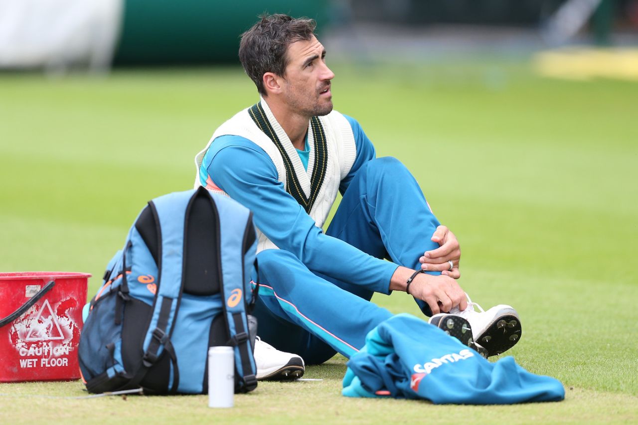 Mitchell Starc takes a break during a training session, England vs Australia, 4th men's Ashes Test, Manchester, July 16, 2023