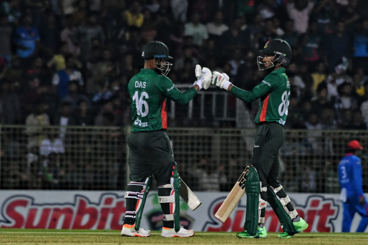 Litton Das and Afif Hossain put on a 67-run opening stand, Bangladesh vs Afghanistan, 2nd T20I, Sylhet, July 16, 2023