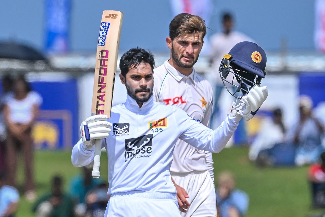 Dhananjaya de Silva celebrates his century, Sri Lanka vs Pakistan, 1st Test, Galle, second day, July 17, 2023