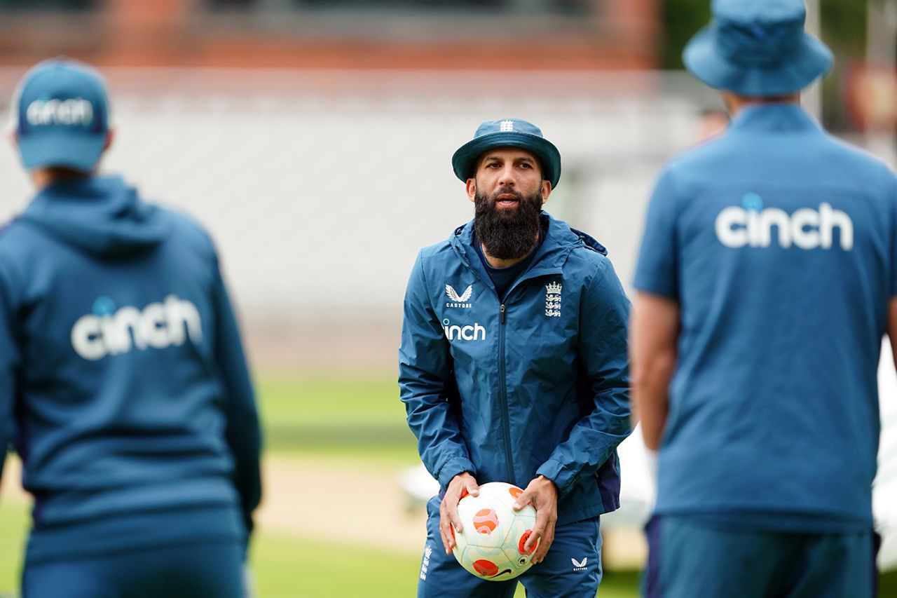 Moeen Ali gets involved in the warm-up football, Old Trafford, July 17, 2023