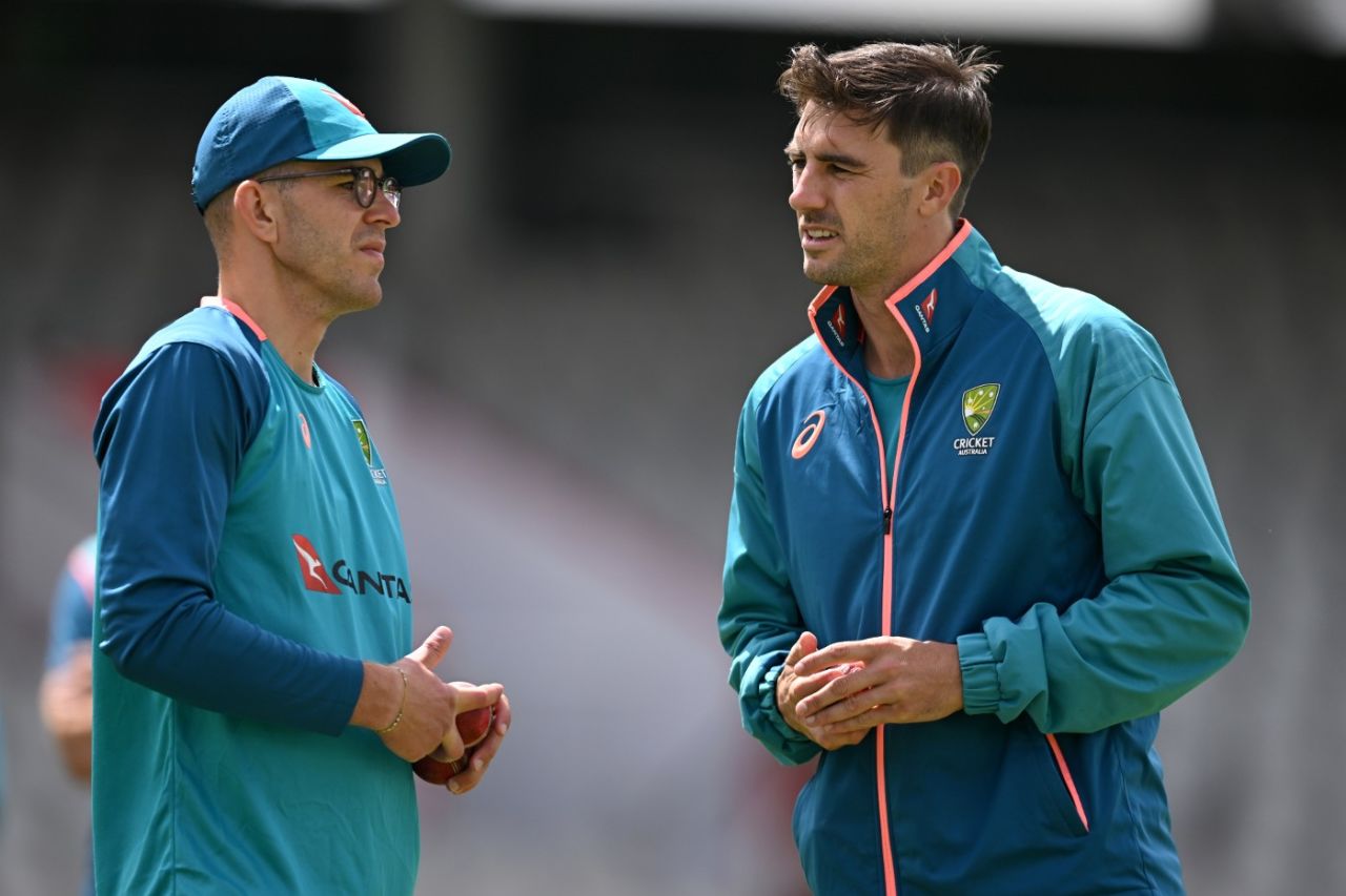 Todd Murphy and Pat Cummins in conversation ahead of the fourth Test, England vs Australia, 4th Test, Old Trafford, July 18, 2023