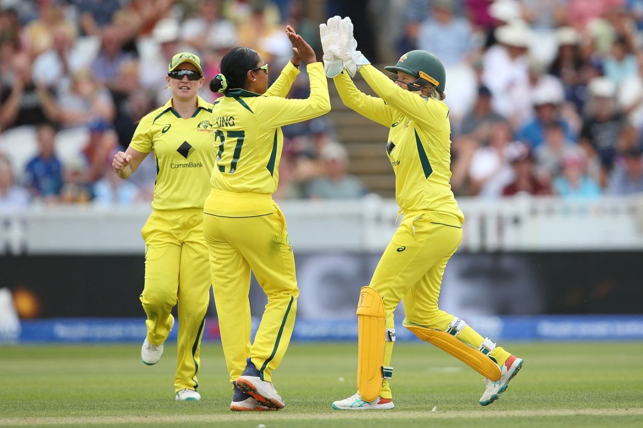 Alana King and Alyssa Healy celebrate Heather Knight's wicket, England vs Australia, 3rd ODI, Women's Ashes, Taunton, July 18, 2023