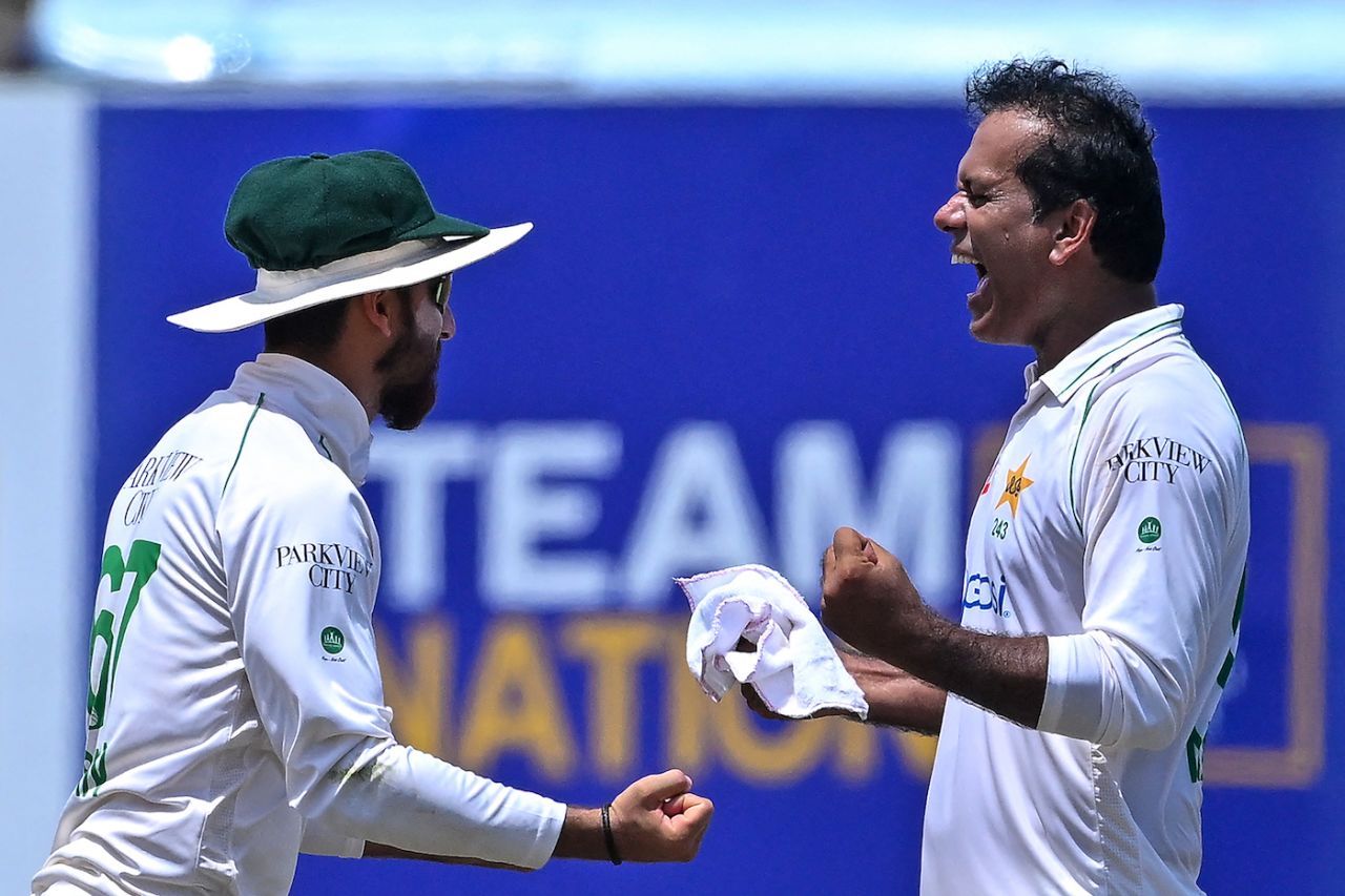 Noman Ali roars and celebrates with Agha Salman, Sri Lanka vs Pakistan, 1st Test, Galle, 4th day, July 19, 2023