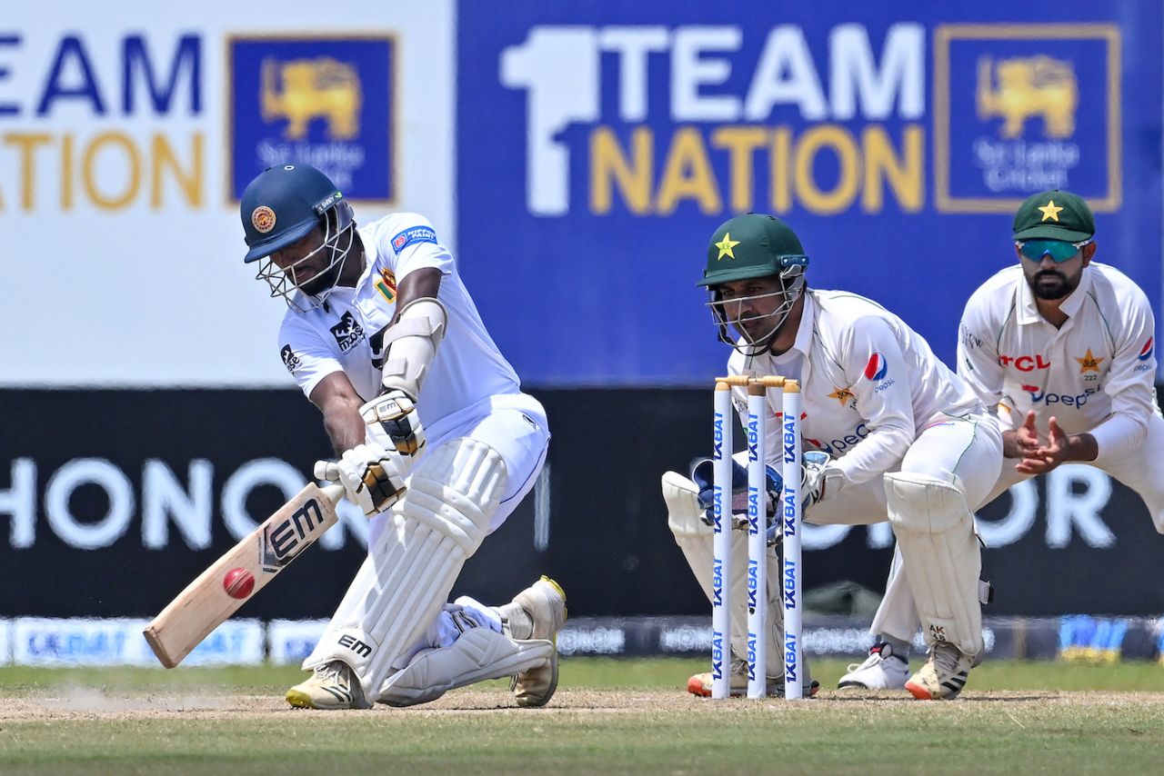 Nishan Madushka plays a slog sweep on his way to a half-century, Sri Lanka vs Pakistan, 1st men's Test, Galle, 4th day, July 19, 2023