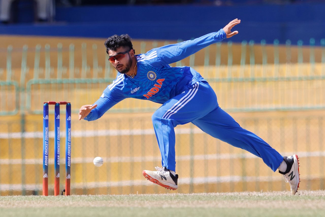 Riyan Parag dashes across to field off his own bowling, India A vs Pakistan A, ACC Emerging Men's Cup, Colombo, July 19, 2023
