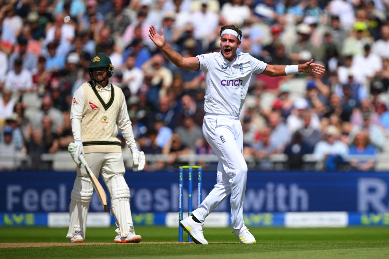 Stuart Broad looks back in expectation as Usman Khawaja falls lbw, England vs Australia, 4th Test, Old Trafford, July 19, 2023