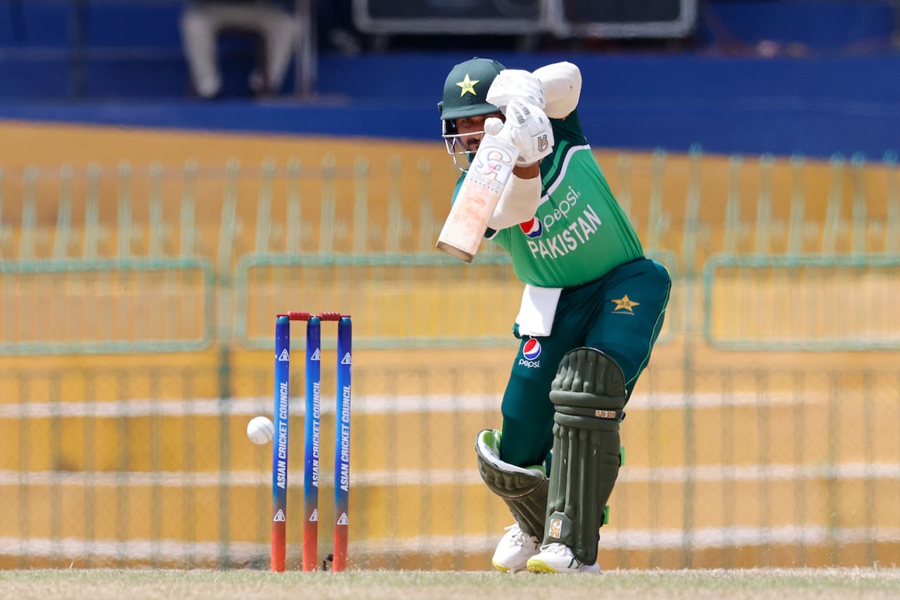 Sahibzada Farhan drives down the ground during his 36-ball 35, India A vs Pakistan A, ACC Emerging Men's Cup, Colombo, July 19, 2023