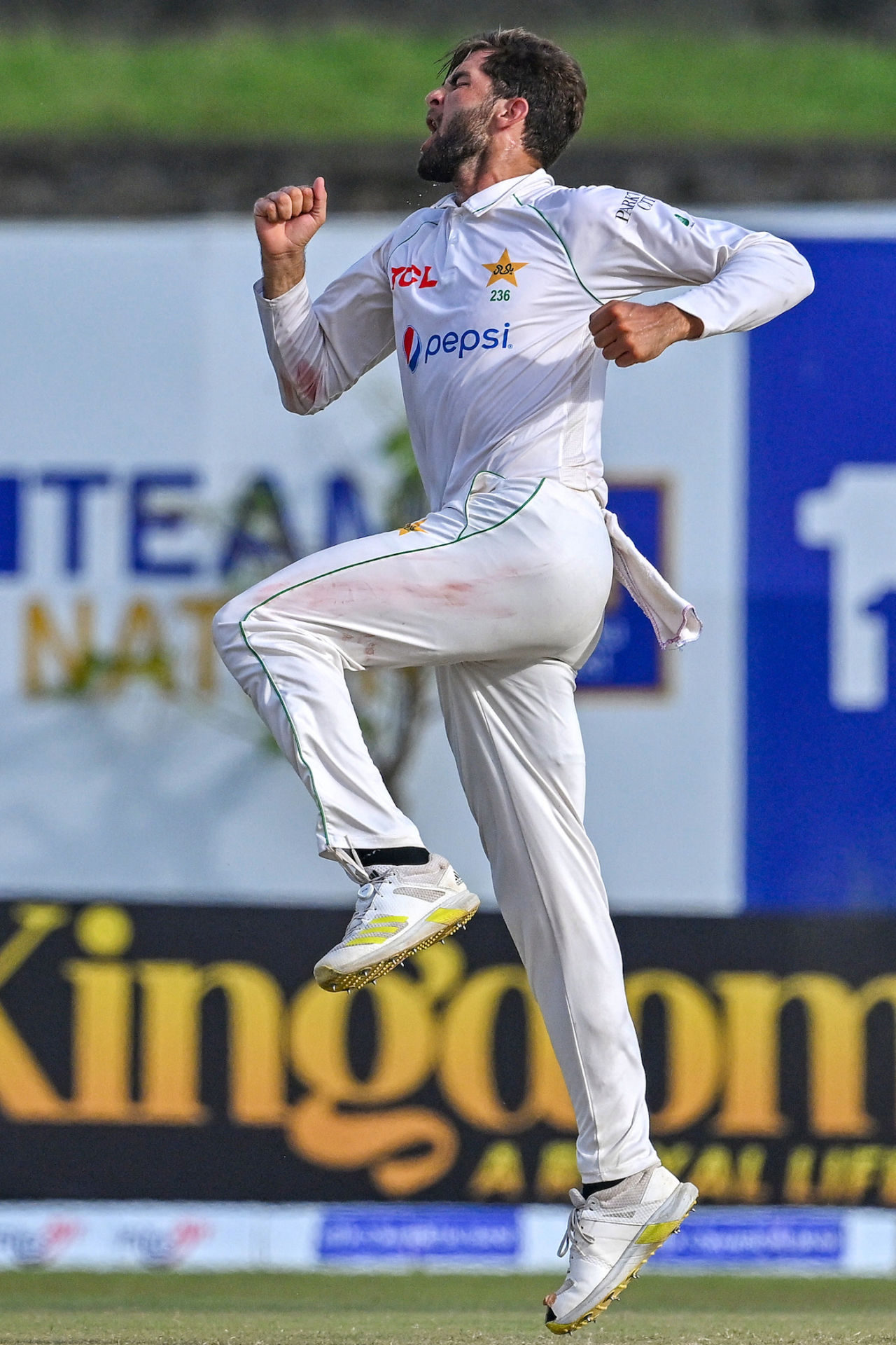 Shaheen Shah Afridi is understandably chuffed after getting rid of Dhananjaya de Silva, Sri Lanka vs Pakistan, 1st men's Test, Galle, 4th day, July 19, 2023