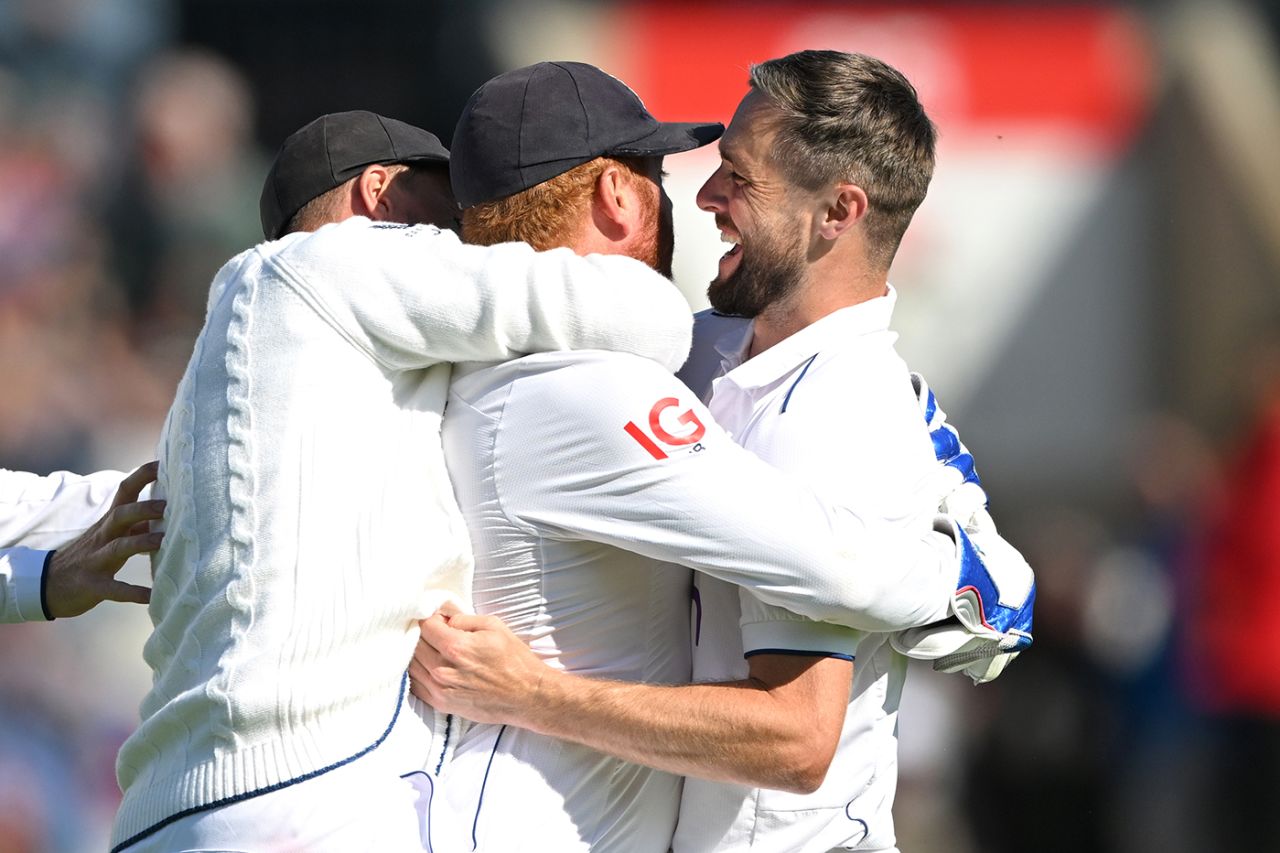 Jonny Bairstow gets a bear hug after his catch to remove Mitchell Marsh, England vs Australia, 4th Test, Old Trafford, July 19, 2023