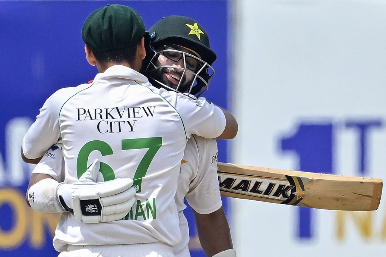 Imam-ul-Haq and Agha Salman embrace after sealing victory, Sri Lanka vs Pakistan, 1st Test, Galle, 5th day, July 20, 2023