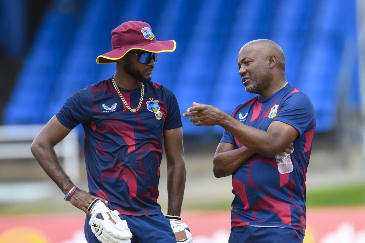 Captain Kraigg Brathwaite has a chat with Brian Lara, Port-of-Spain, July 19, 2023