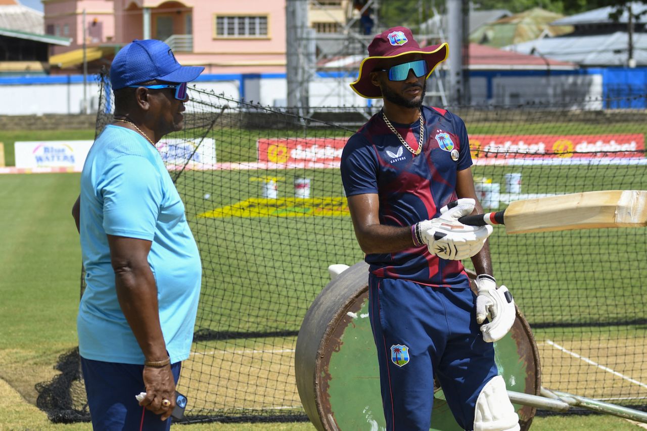 Chief selector Desmond Haynes catches up with Kraigg Brathwaite, Port-of-Spain, July 19, 2023