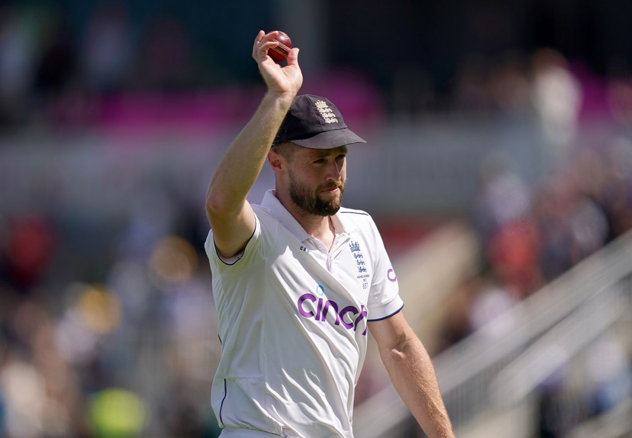 Chris Woakes walks off with the ball held aloft, England vs Australia, 4th Test, Old Trafford, July 20, 2023