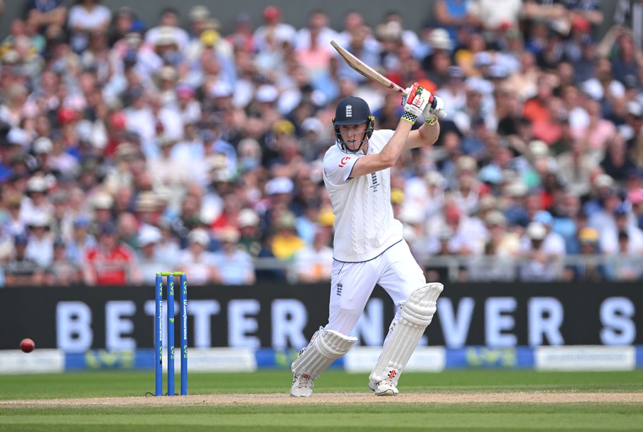 Zak Crawley launches into a drive, England vs Australia, 4th Ashes Test, Old Trafford, July 20, 2023