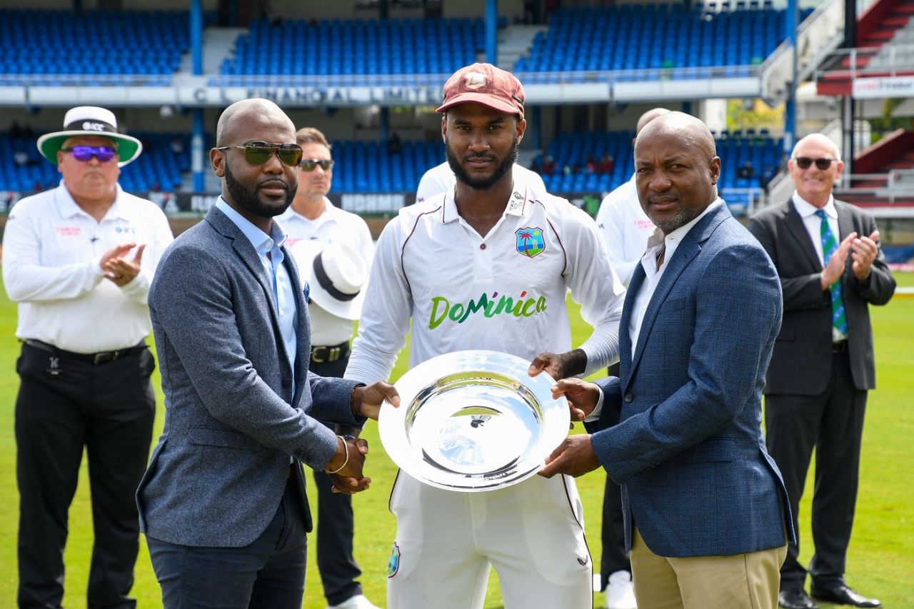 Dr. Kishore Shallow (L) President of CWI and Brian Lara (R) present Kraigg Brathwaite with a plaque, West Indies vs India, 2nd Test, first day, Port-of-Spain, July 20, 2023