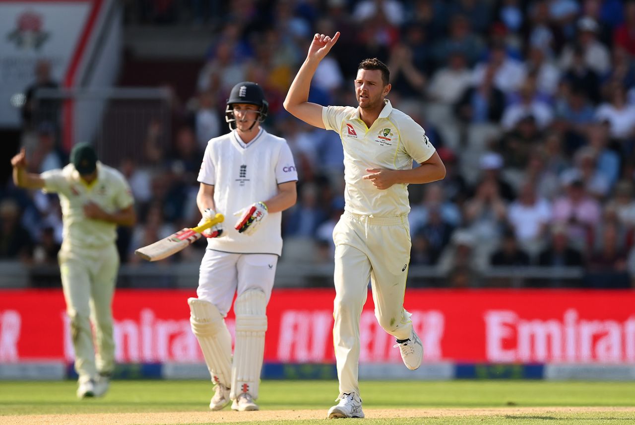 Josh Hazlewood celebrates a breakthrough, England vs Australia, 4th Ashes Test, Old Trafford, July 20, 2023