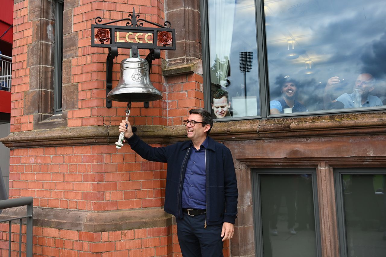 Andy Burnham, the Greater Manchester mayor, rings the bell at Emirates Old Trafford, England vs Australia, 4th Ashes Test, Old Trafford, July 21, 2023