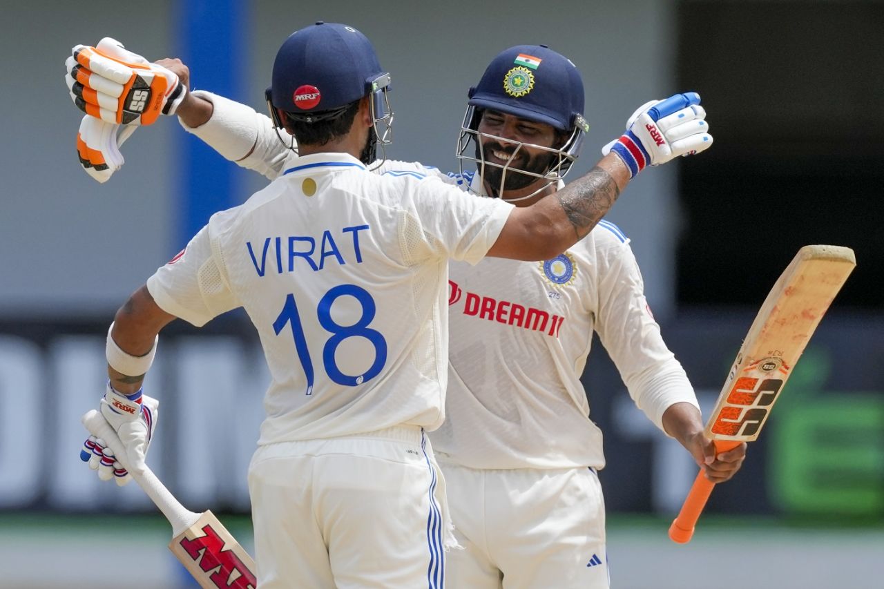Virat Kohli gets a congratulatory hug from Ravindra Jadeja, West Indies vs India, 2nd Test, 2nd day, Port-of-Spain, July 21, 2023