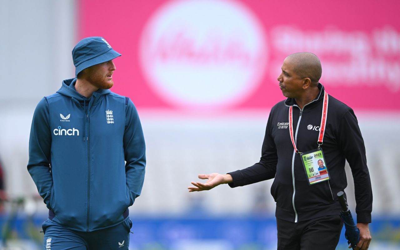Ben Stokes chats to umpire Joel Wilson during the pitch inspection, England vs Australia, 4th Ashes Test, Old Trafford, 4th day, July 22, 2023