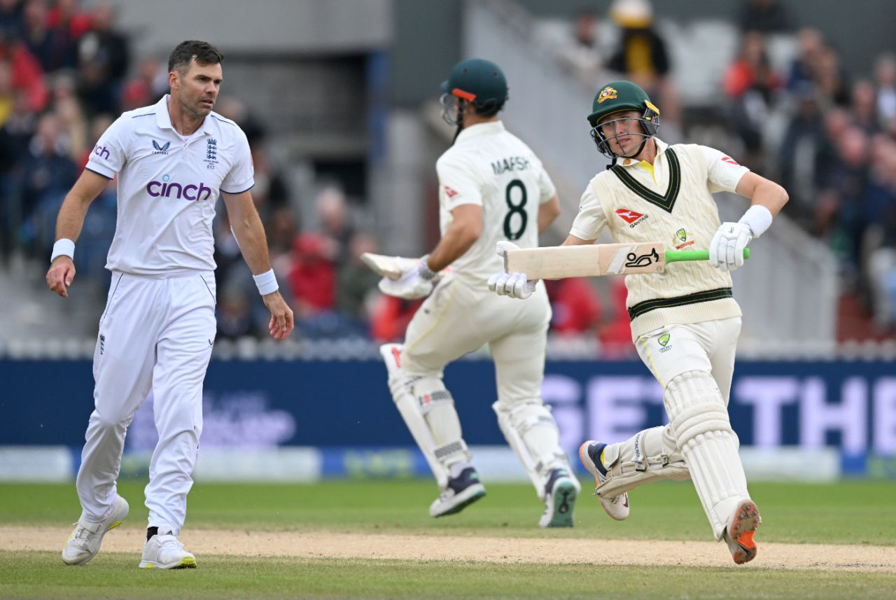 James Anderson was thwarted as Marnus Labuschagne and Mitchell Marsh built a good stand, England vs Australia, 4th Ashes Test, Old Trafford, 4th day, July 22, 2023
