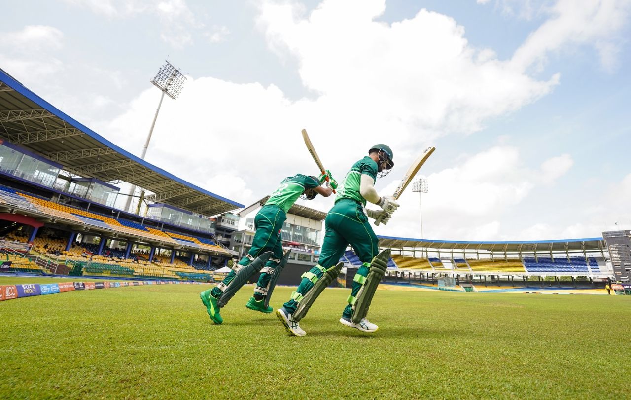 Sahibzada Farhan and Saim Ayub walk out to bat, India A vs Pakistan A, ACC Emerging Men's Cup, Final, Colombo, July 23, 2023