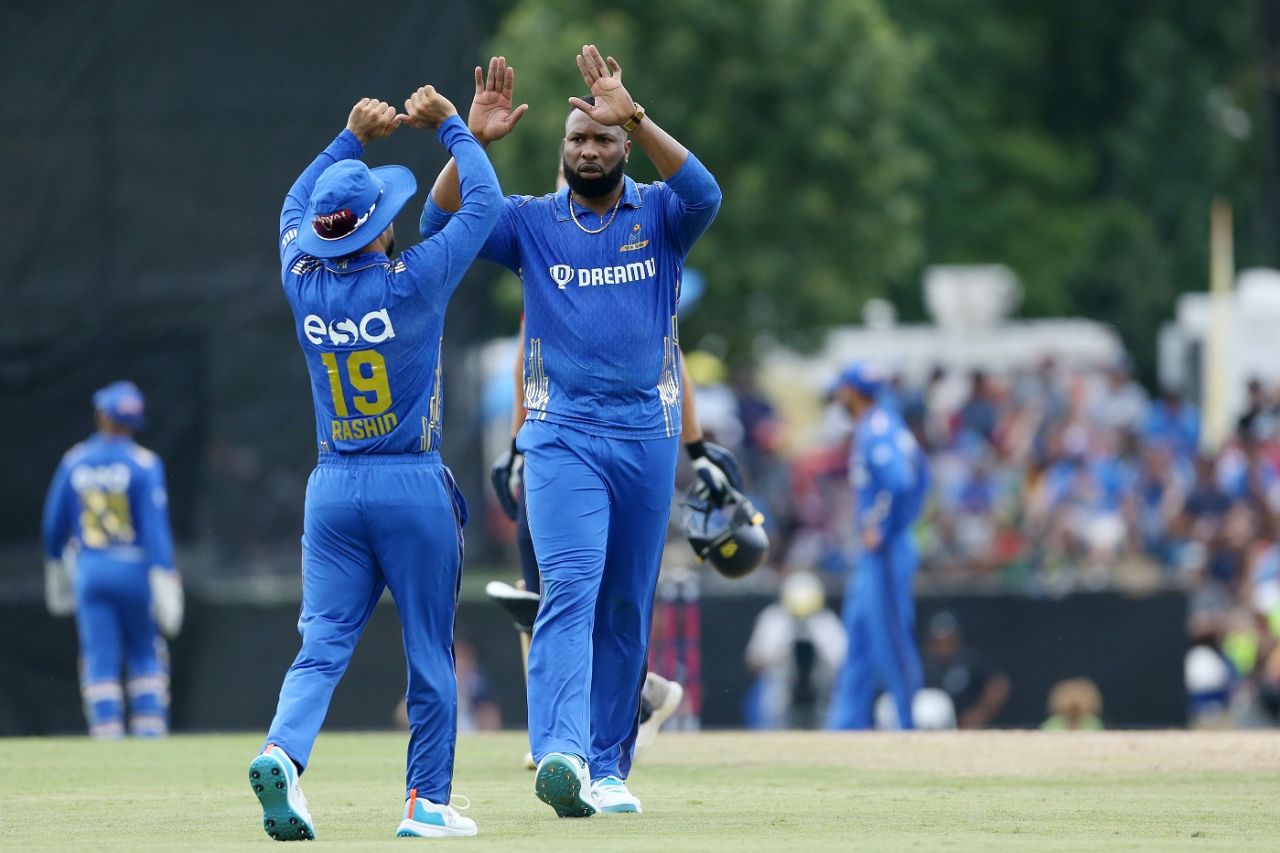 Kieron Pollard celebrates a wicket, MI New York vs Washington Freedom, MLC 2023, Morrisville, July 23, 2023