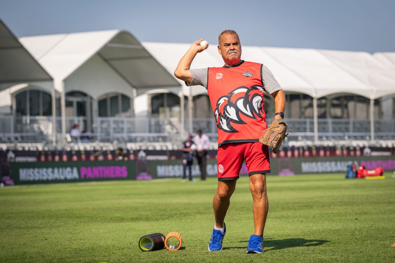 Montreal Tigers head coach Dav Whatmore does some fielding drills, Mississauga Panthers vs Montreal Tigers, Global T20 Canada, Brampton, July 23, 2023