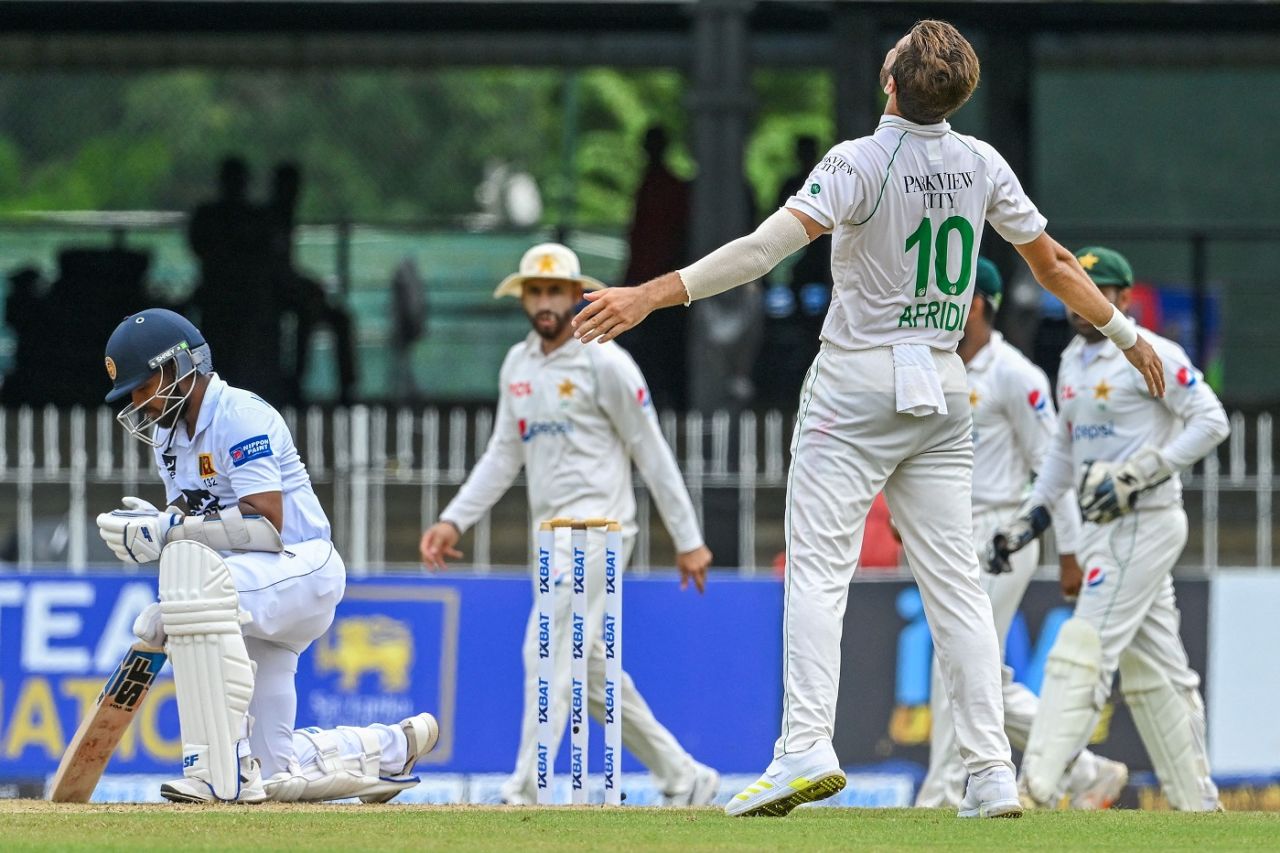 Shaheen Shah Afridi celebrates after dismissing Kusal Mendis, Sri Lanka vs Pakistan, 2nd Test, Colombo, 1st day, July 24, 2023