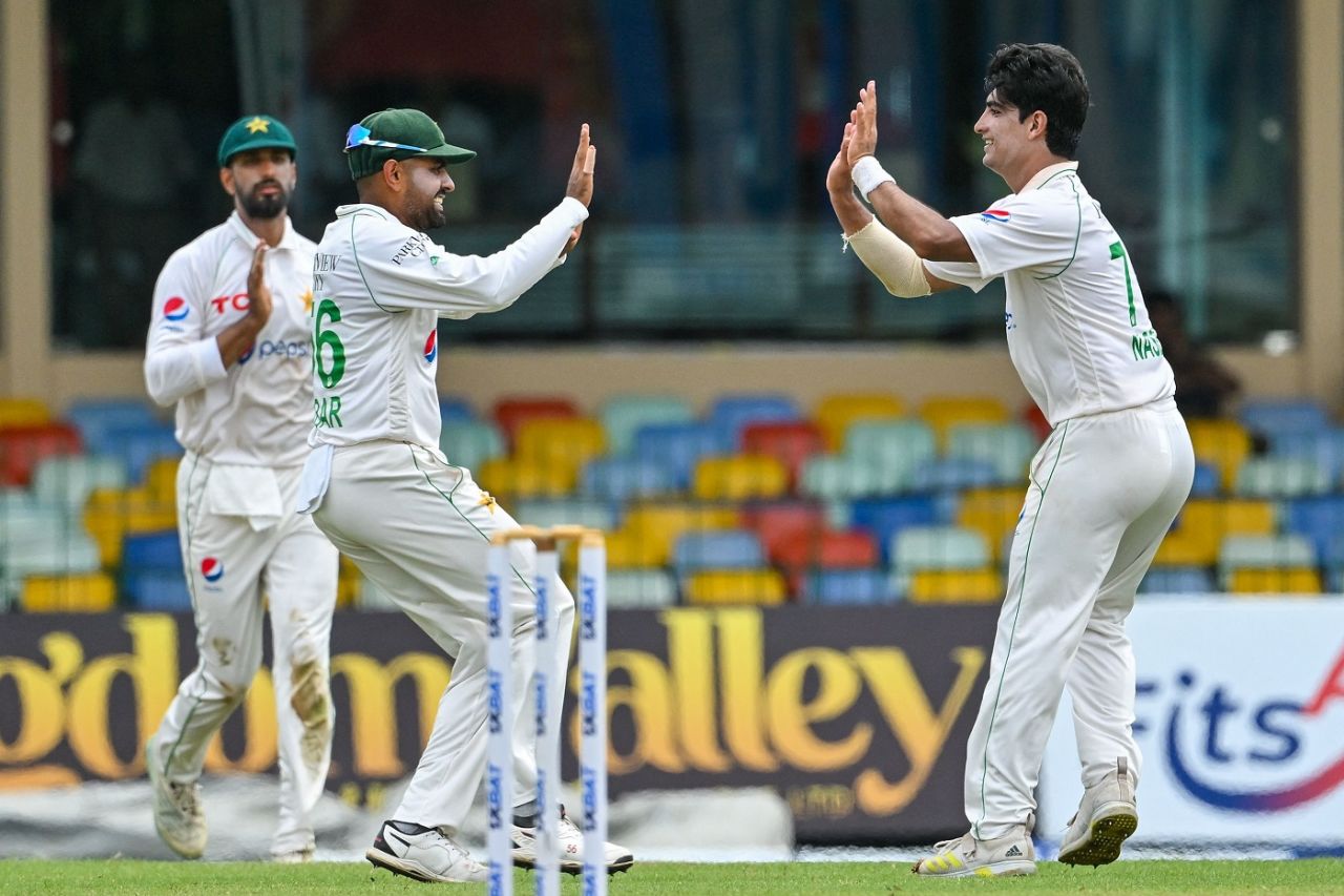 Babar Azam and Naseem Shah celebrate the fall of Angelo Mathews, Sri Lanka vs Pakistan, 2nd Test, Colombo, 1st day, July 24, 2023
