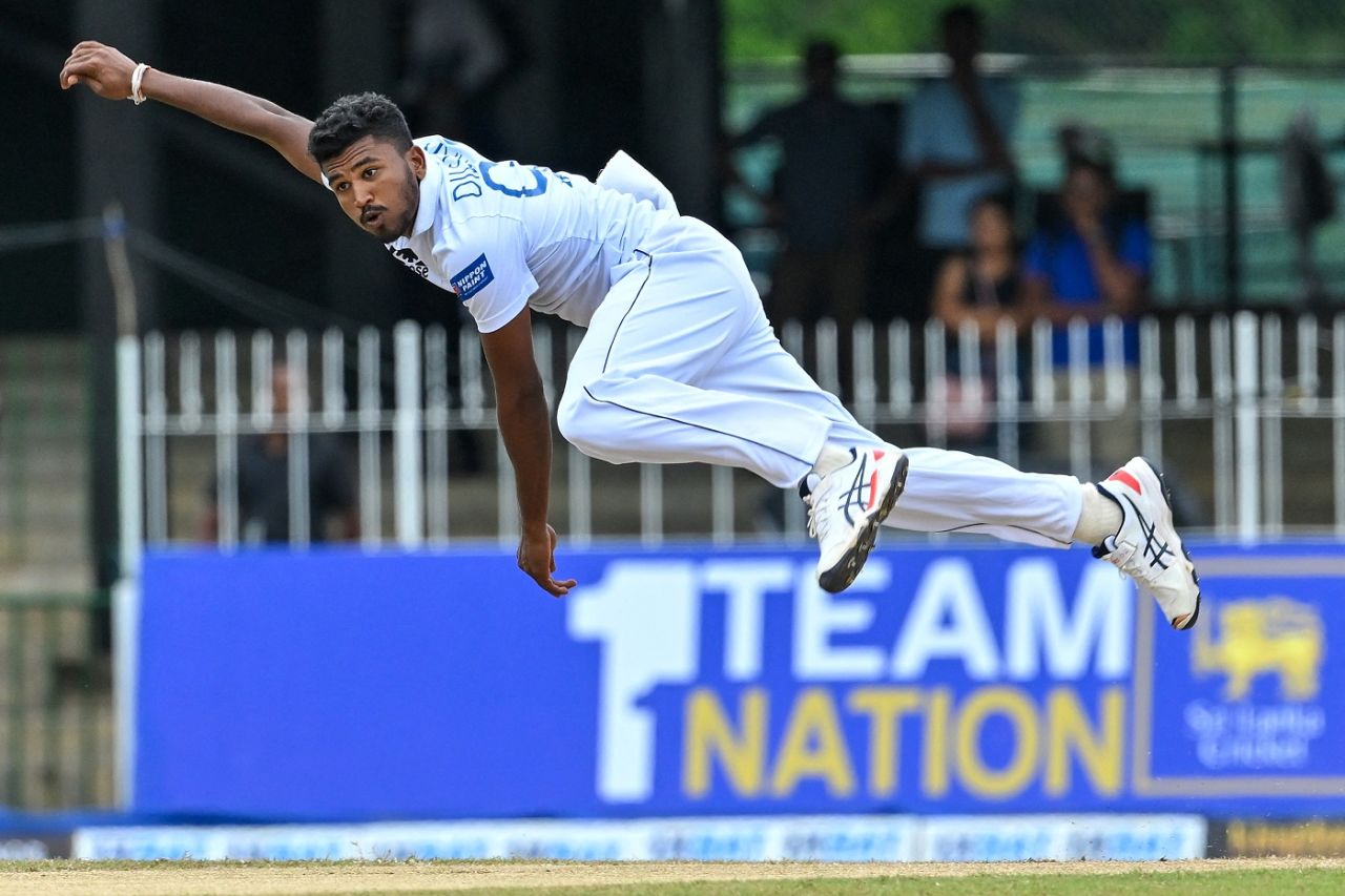 Dilshan Madushanka, on Test debut, in his follow-through, Sri Lanka vs Pakistan, 2nd Test, Colombo, 2nd day, July 25, 2023